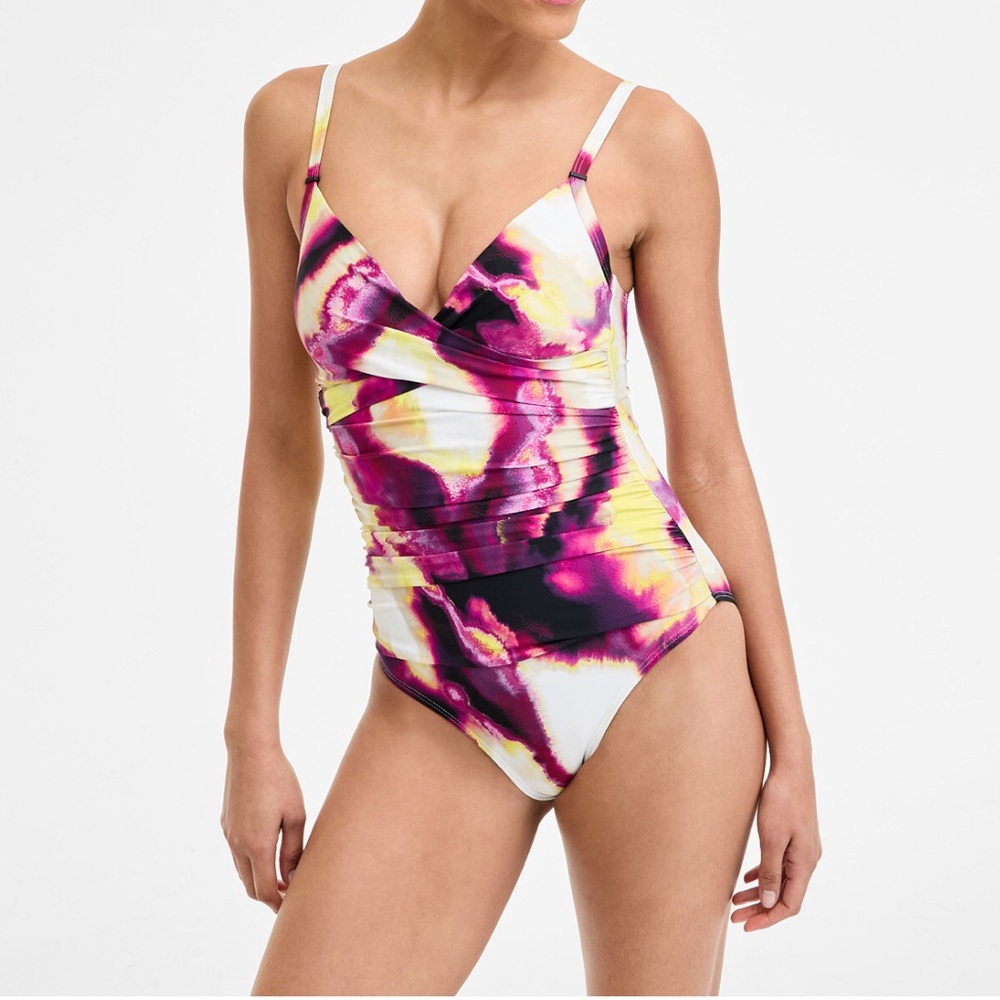 DKNY Women's One Piece Swimsuit - Pink and Yellow
